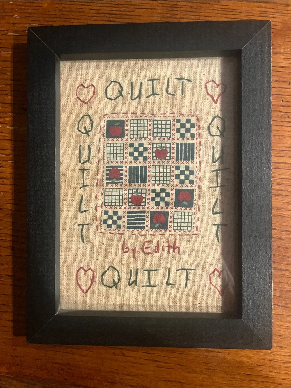 Framed Embroidered Quilt Wall Tapestry in Beige, Blue & Red